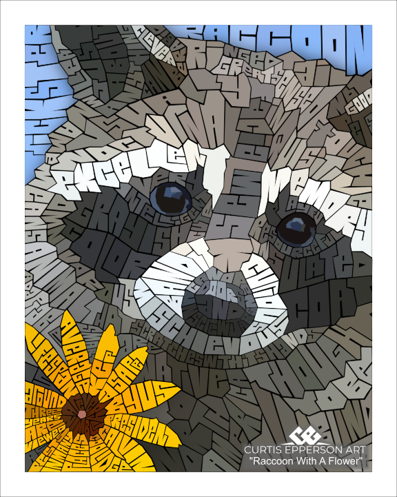 Raccoon With A Flower - Word Mosaic Art Print