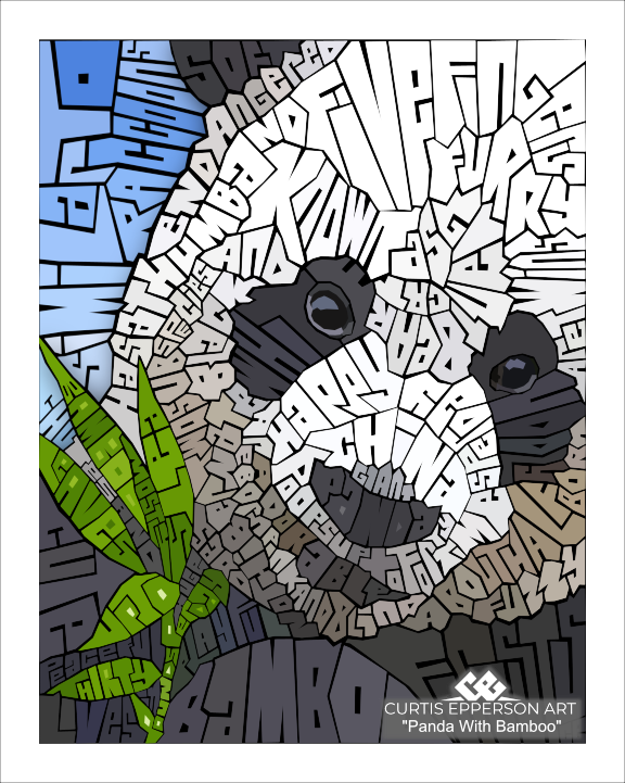 Panda With Bamboo - Word Mosaic Art Print