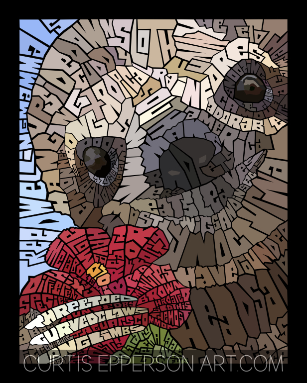 Sloth With A Flower - Word Mosaic Art Print