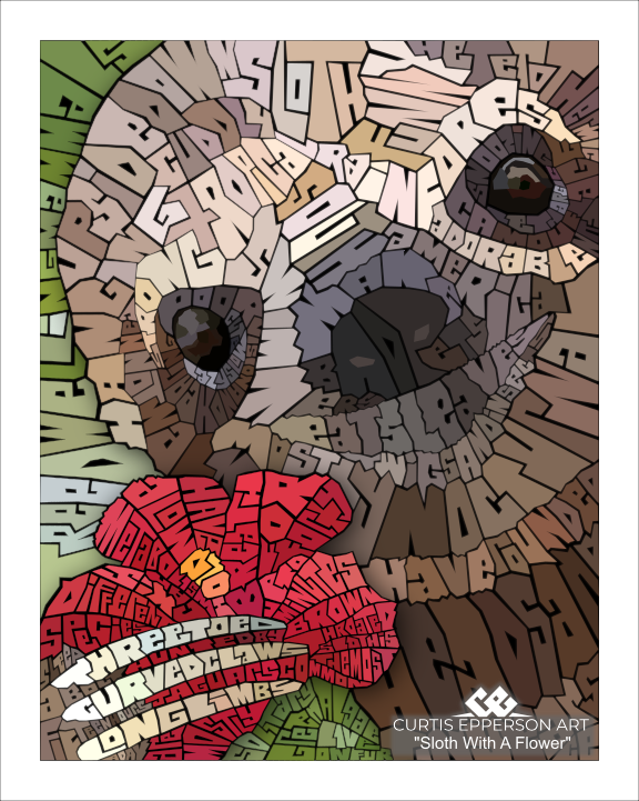 Sloth With A Flower - Word Mosaic Art Print
