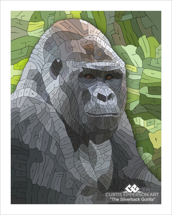 Silverback gorilla in gray hand-drawn lettering against a green forest background