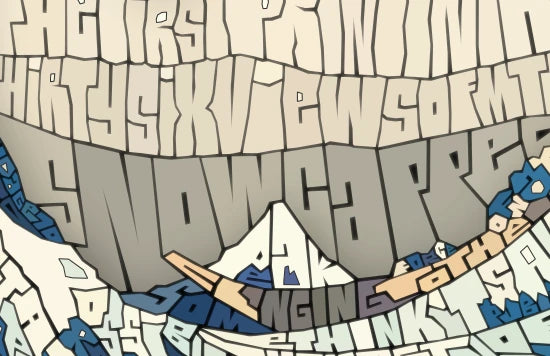 Enlarged detail showing readable words forming the wave and Mount Fuji.