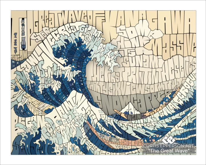 Curtis Epperson’s Great Wave word mosaic, formed entirely from hand-drawn lettering.