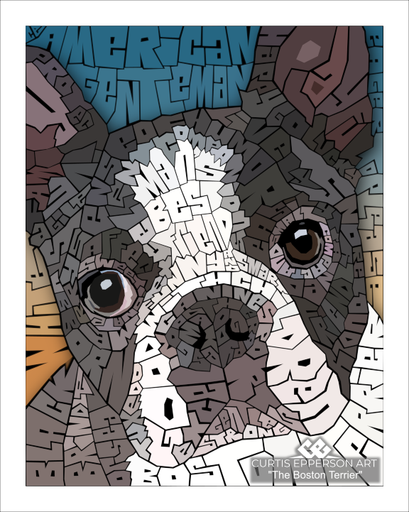 Boston Terrier word mosaic representing Curtis’s dog collection.